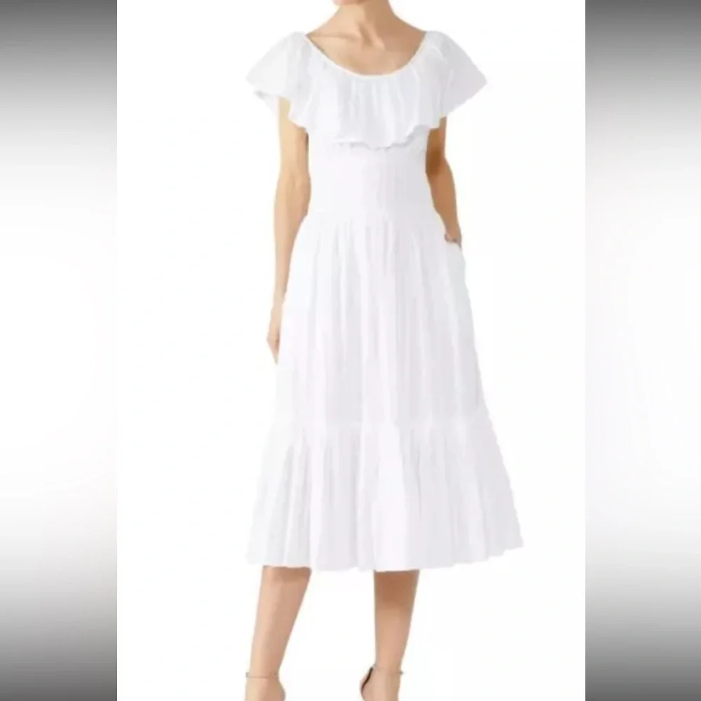 TORY BURCH White Tonal‎ Stripe Cotton Seersucker Dress Size 4